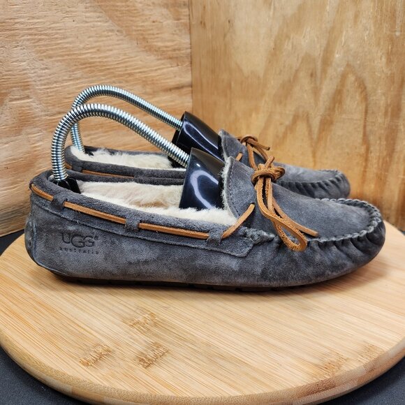UGG Gray Suede Slippers with Moccasin Stitching - Picture 1 of 9